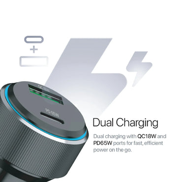 Lycka Rocket PD65W Car Adapter, Quick Charging, Dual Type-C & USB-A Ports, 65W Max Output