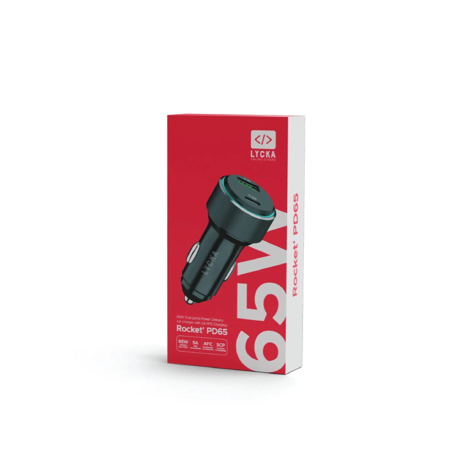 Lycka Rocket PD65W Car Adapter, Quick Charging, Dual Type-C & USB-A Ports, 65W Max Output